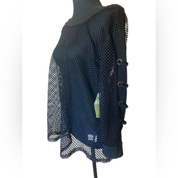 Black Mesh Sheer Knit Top Silver Grommet Sleeve Details NWT Edgy Goth Size Large - Picture 8 of 10